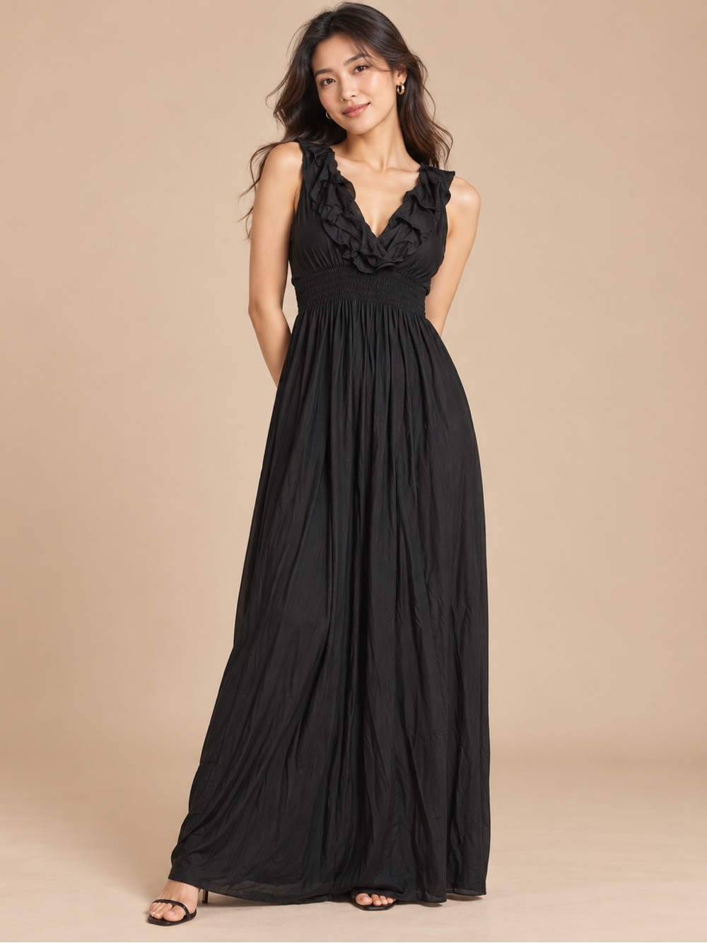 Soma Black Ruffle Maxi Dress XS Sleeveless Smocked Waist Romantic Dress